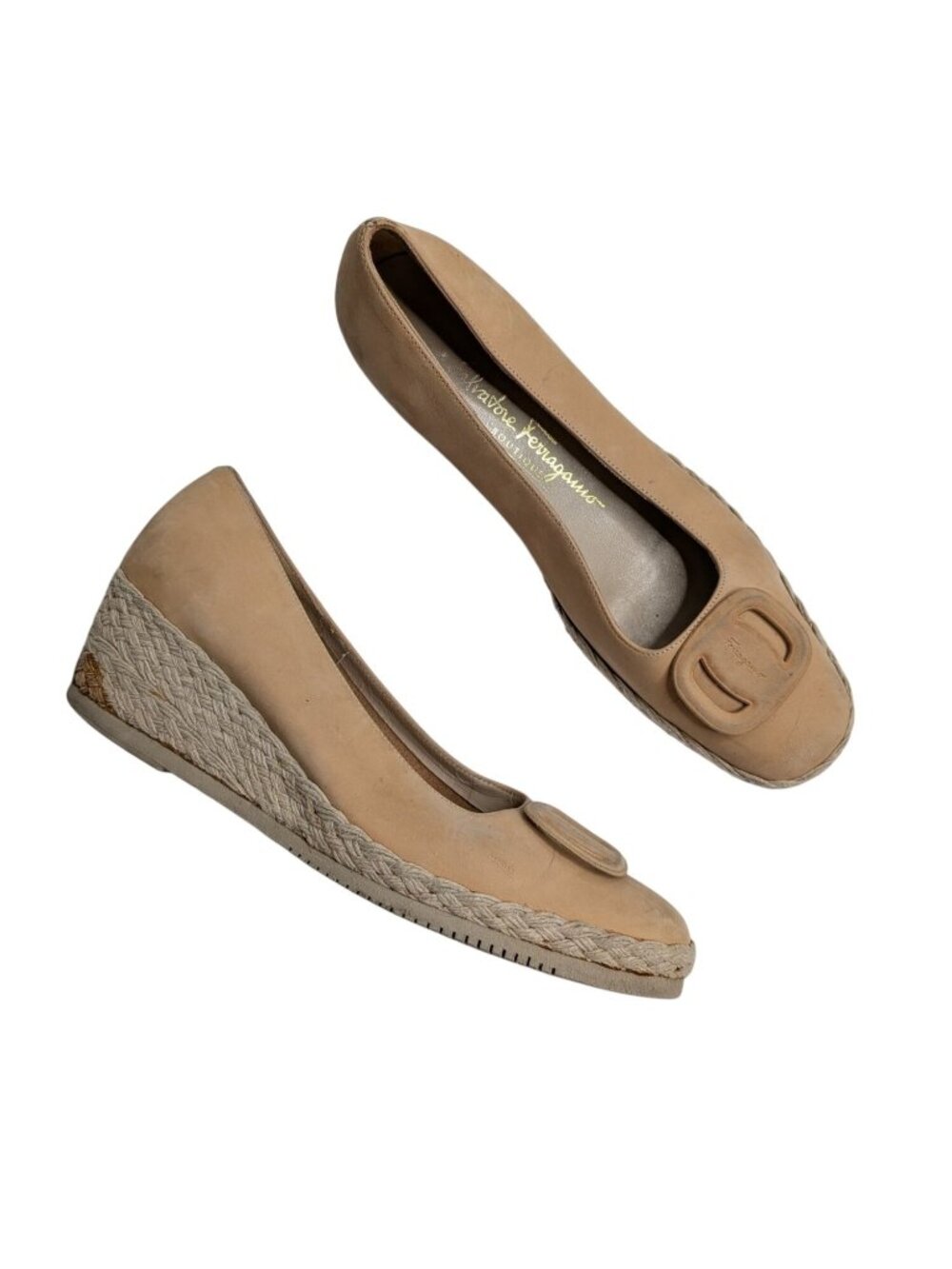 Salvatore Ferragamo Boutique Beige Leather Espadrille Wedges Logo Accent Size 8